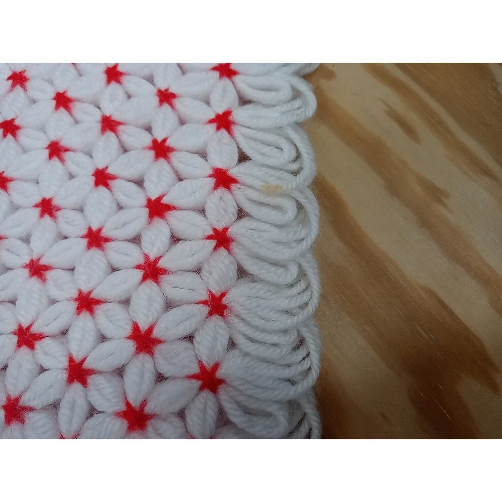 Lot Of 4 VTG Handmade Star Placemats Crochet Yarn White With Red Stars Table Mat